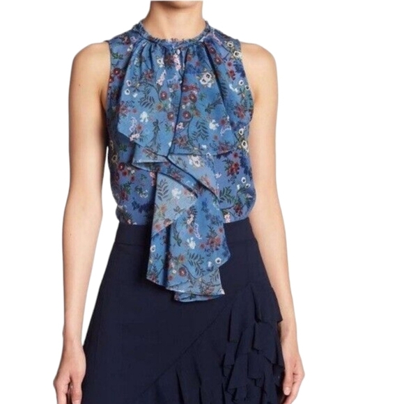 Alice & Olivia Blue 100% Silk Floral Top Ruffles Romantic Girly - Picture 1 of 13